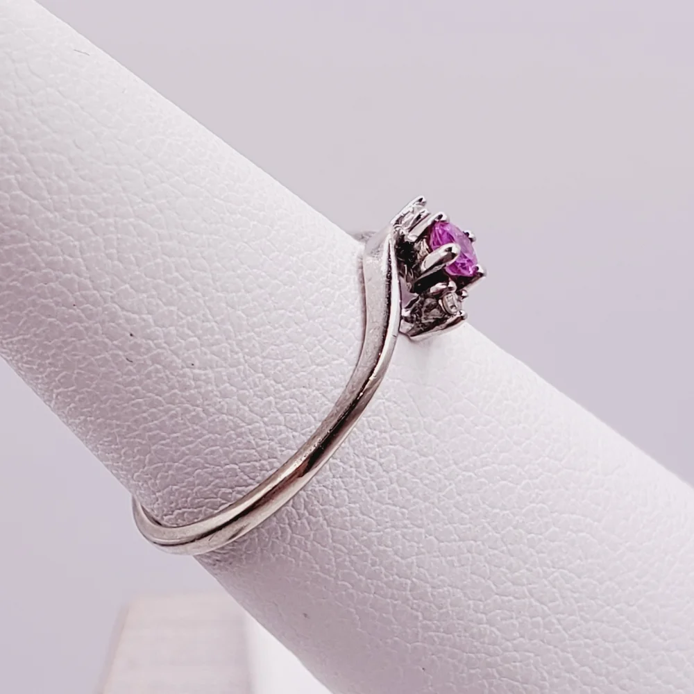 10k Solid White Gold Genuine Pink Sapphire & Diamond Ring - Picture 2 of 7